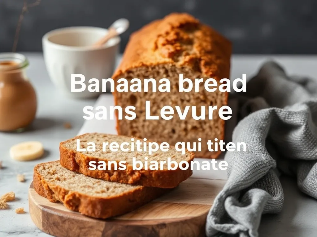 Banana bread sans levure doré, tranché sur une planche en bois, avec des bananes tachées de brun et un fouet à côté.