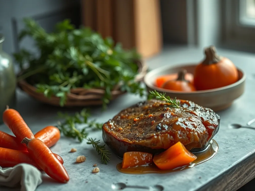 Plat de boeuf carotte pomme de terre cuisiné au Cookeo, viande effilochée, carottes fondantes et pommes de terre entières dans une sauce brune réduite, avec une cuillère prête à servir.