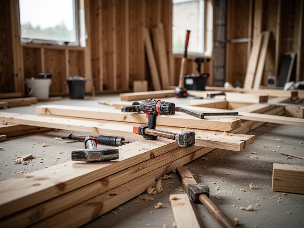 Plan de travail avec un mètre ruban, un niveau à bulle, des vis et une étagère en bois en cours de montage.