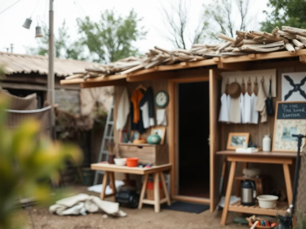 Établi en bois avec outils de bricolage, pots de peinture et planches, dans un intérieur lumineux.