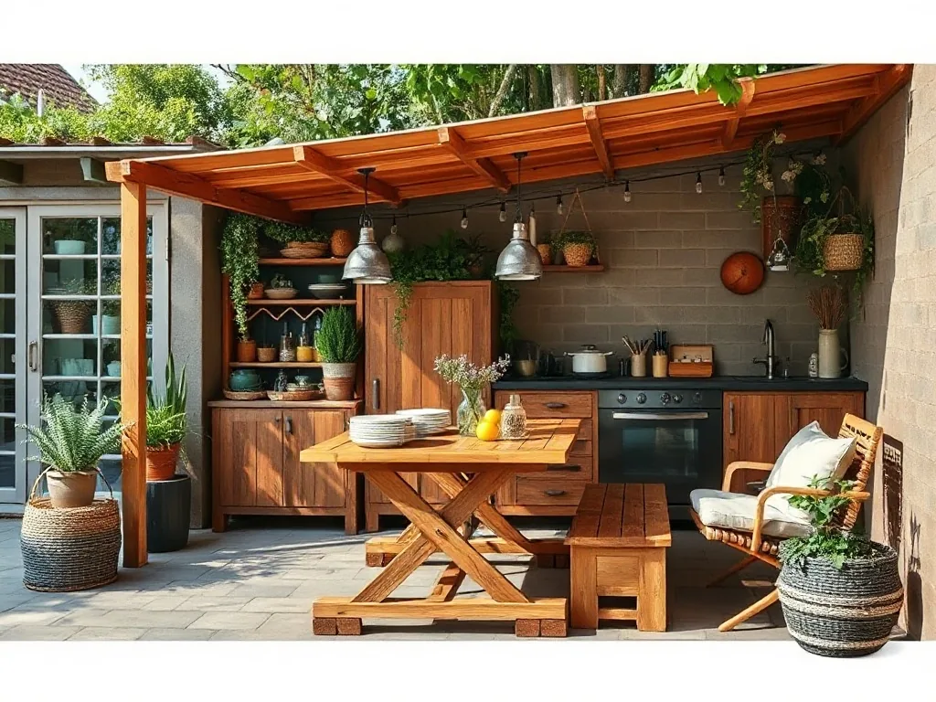 Cuisine d’extérieur en palettes de bois dans un jardin, avec plan de travail, étagères et espace barbecue.