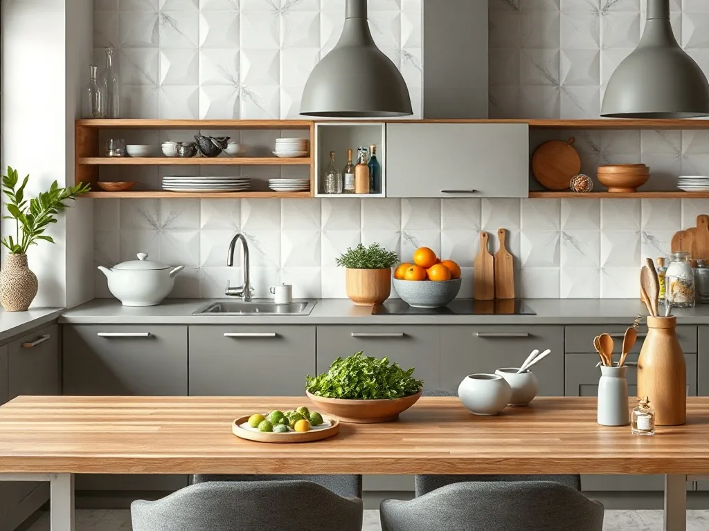 Cuisine équipée contemporaine avec façades mates, grand plan de travail clair, colonnes de rangement et îlot central.