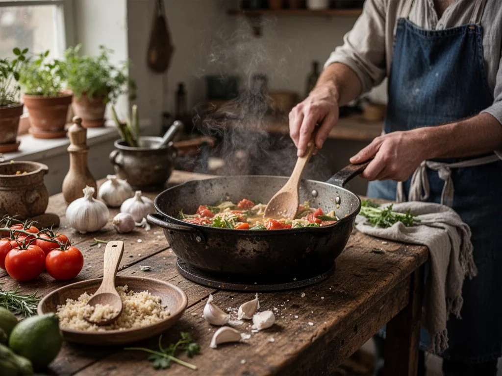 Cuisine bohème avec étagères ouvertes en bois brut, suspensions en rotin, plantes vertes et vaisselle en céramique artisanale, baignée de lumière naturelle.