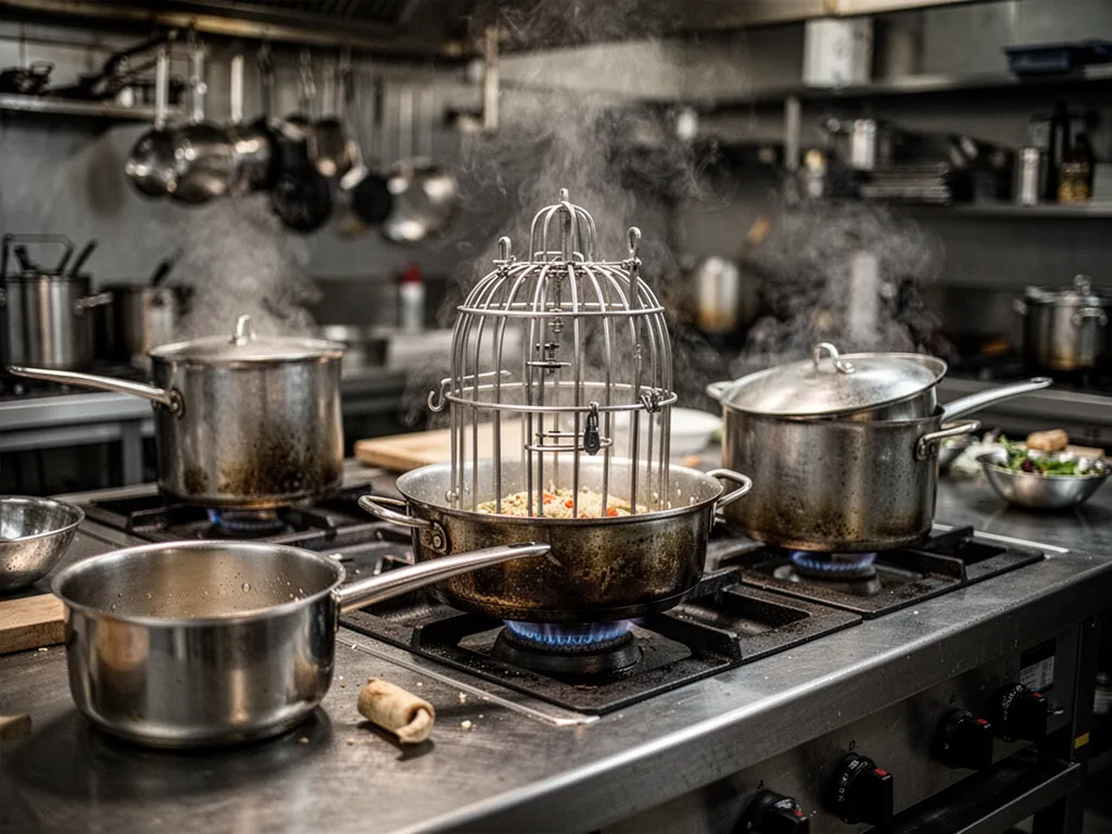 Une cuisine style industriel avec un îlot central en bois et acier, des suspensions en métal, un plan de travail en béton et des étagères ouvertes.