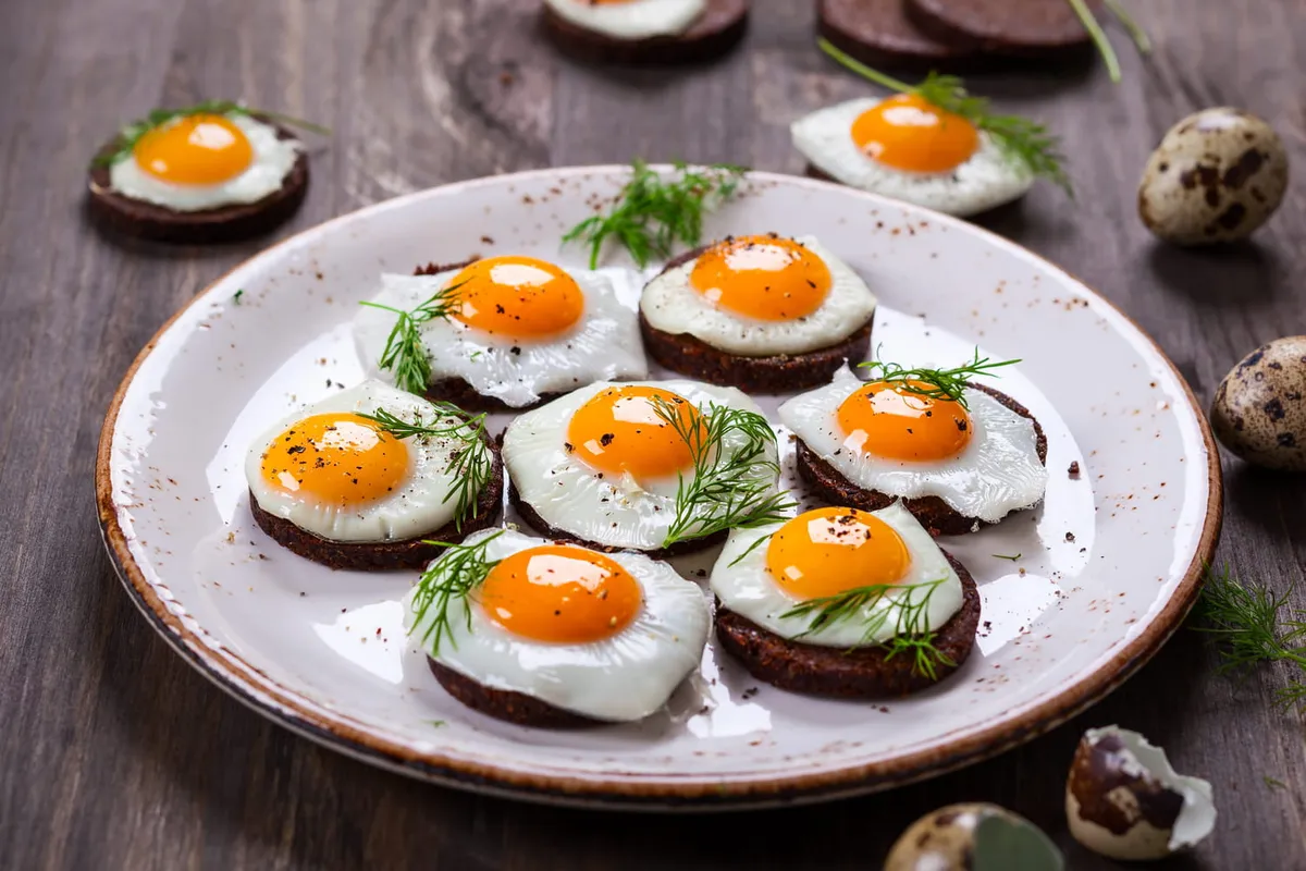 Assortiment d'œufs de caille cuits : quelques coquilles ouvertes laissent voir des jaunes jammy et d'autres bien pris, déposés sur un plateau en céramique.