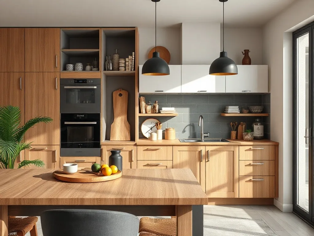 Une cuisine claire avec meubles en bois, crédence sobre, suspensions noires et plan de travail bien dégagé.
