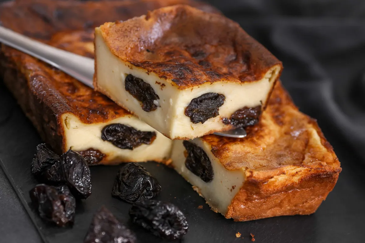 Un far breton doré, tranché; la mie dense et humide laisse apparaître des pruneaux noirs, posé sur une planche en bois clair