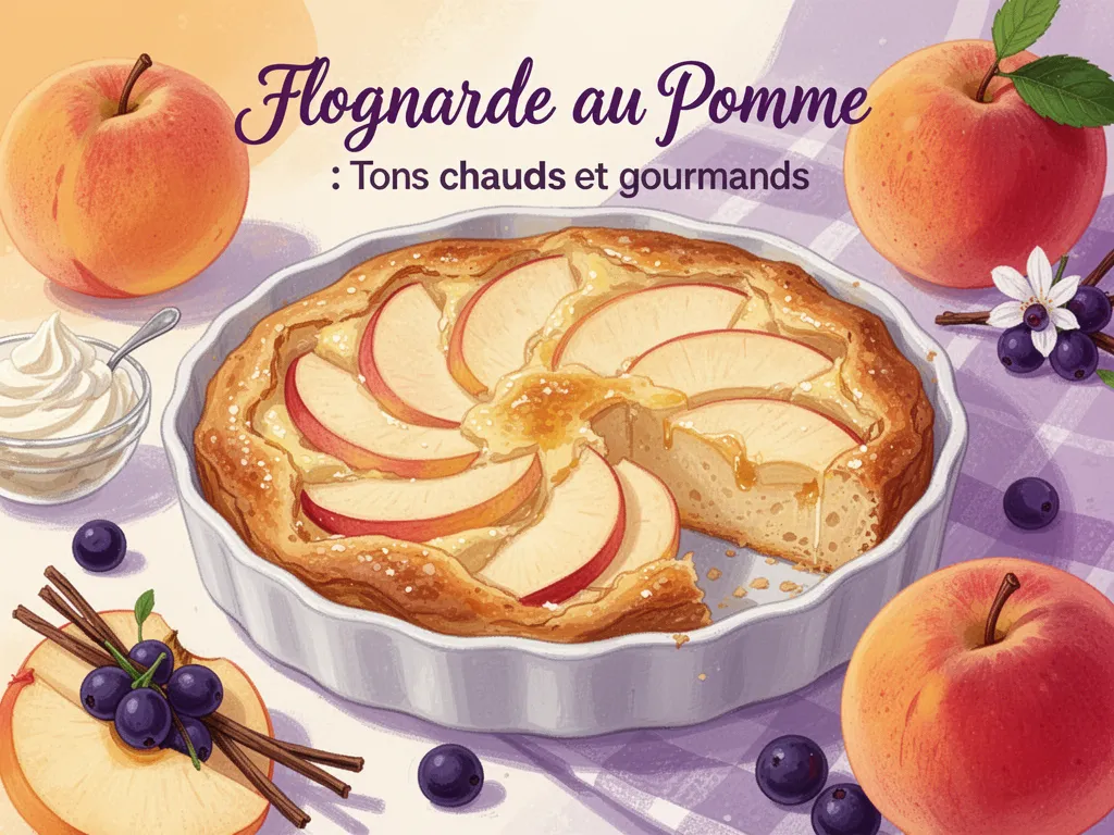 Moule rond en fonte contenant une flognarde aux pommes dorée, babines caramélisées et surface légèrement craquelée