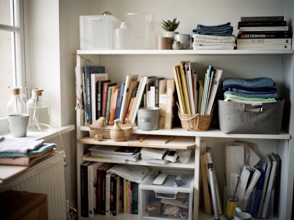 Un intérieur ordonné avec un planning de ménage sur le frigo, des produits naturels sur le plan de travail et un aspirateur balai prêt à l'emploi.
