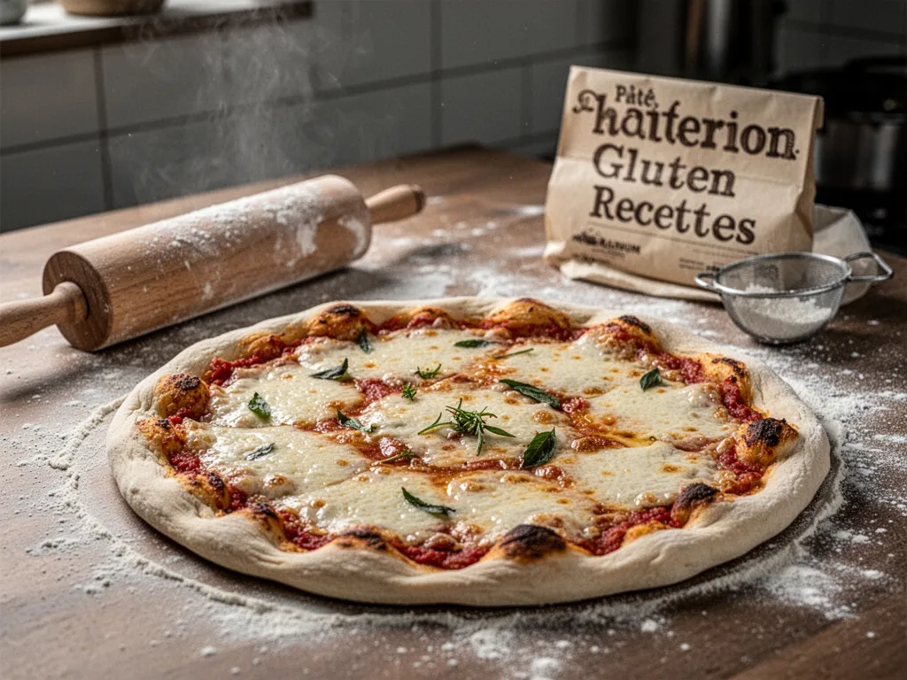 Mains étirant une pâte à pizza dorée sans gluten sur une pelle à pizza