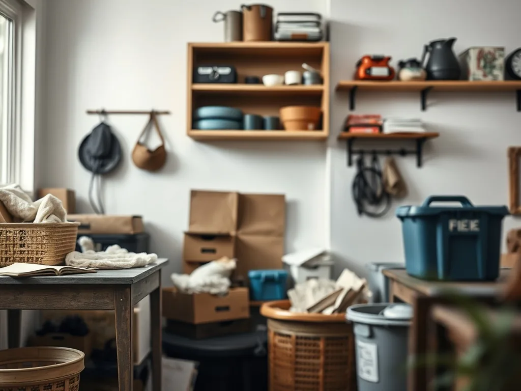 Intérieur de maison organisé avec étagères ouvertes, paniers en osier, bocaux alignés et plan de travail dégagé, dans une ambiance claire et fonctionnelle.
