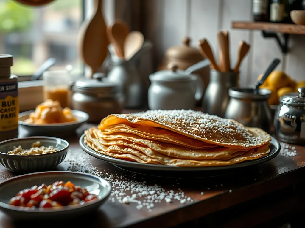 Pile de crêpes dorées sur une assiette, une louche de pâte au-dessus d'une poêle chaude, beurre fondu et citron à côté.