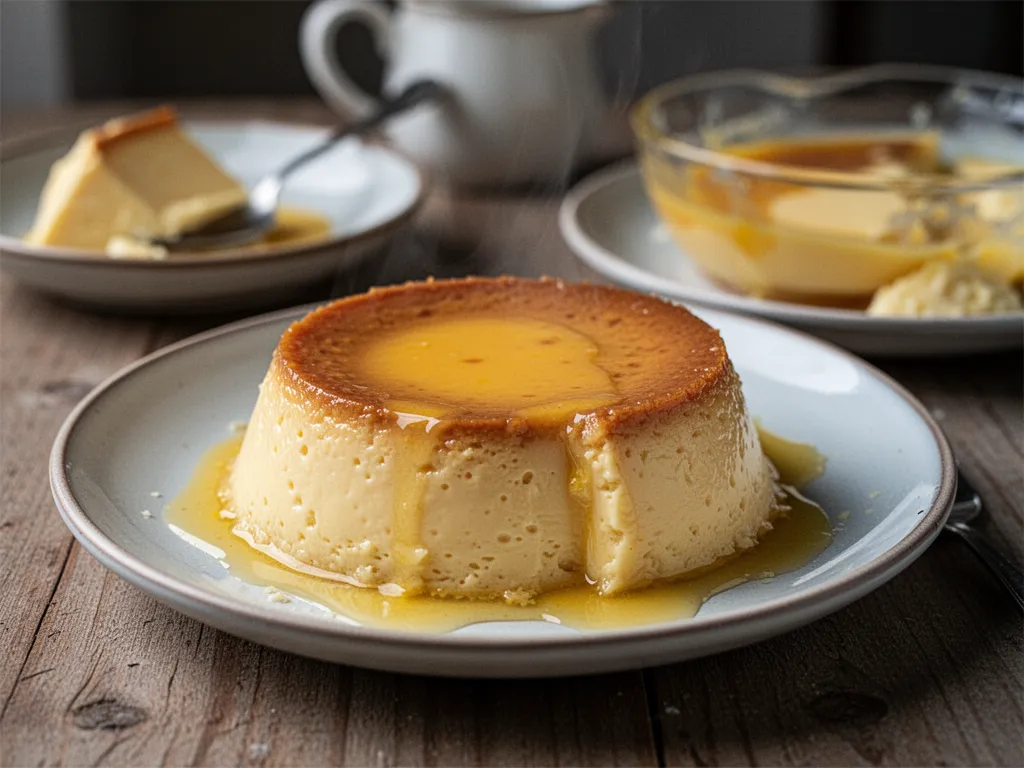 Flan aux œufs démoulé sur une assiette, nappé de caramel brillant qui coule sur les bords, une cuillère prête à servir.