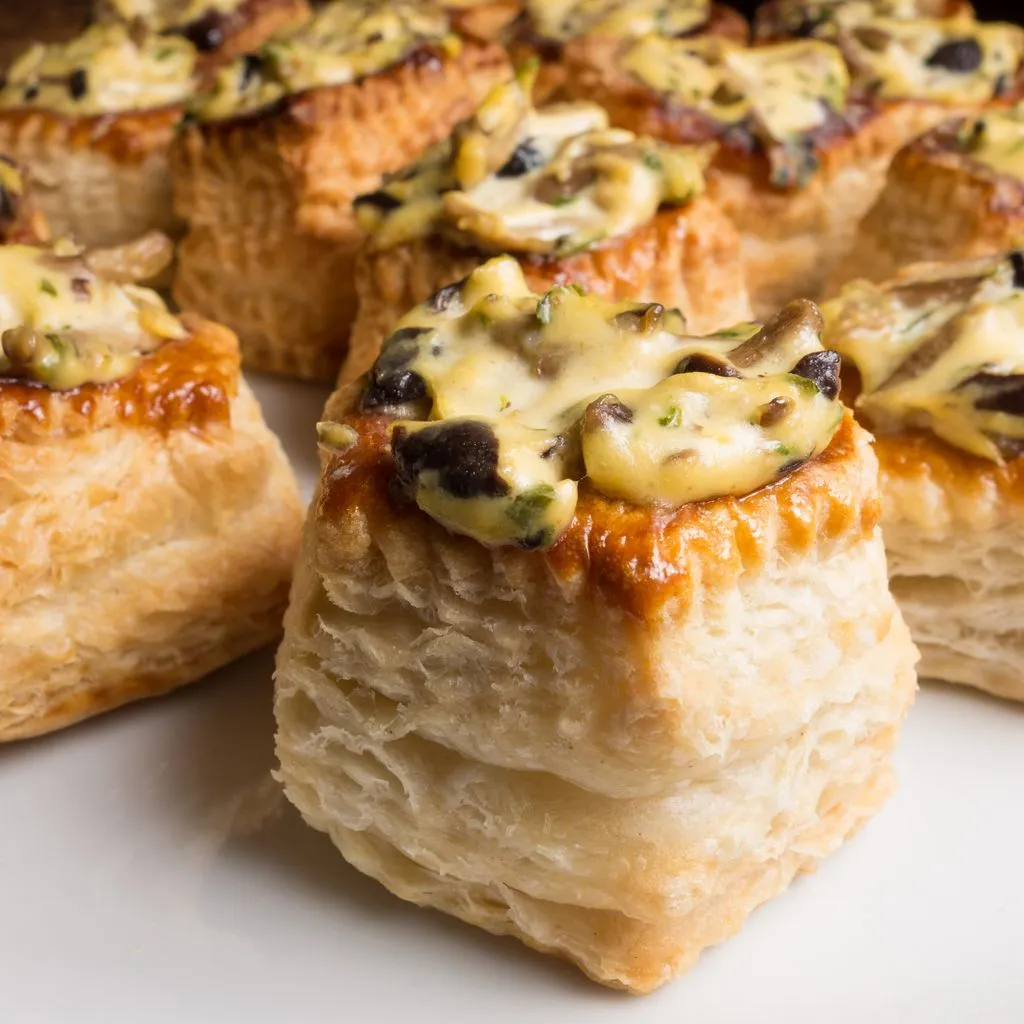 Vol-au-vent doré à la sortie du four, croûte feuilletée ouverte laissant voir une garniture crémeuse de volaille et champignons