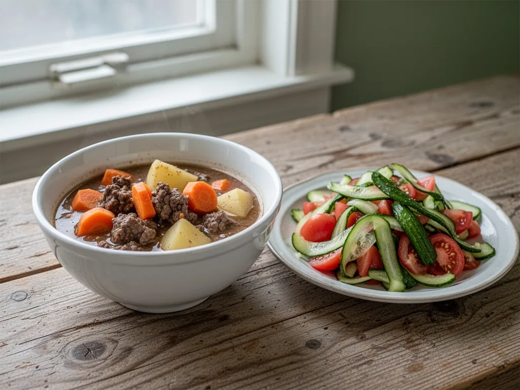 A white ceramic bowl of beef stew with carrots and potatoes next to a limp cucumber and tomato salad on a weathered pine