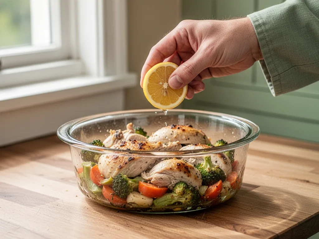 A hand squeezing a lemon wedge over a glass container of leftover roasted chicken and vegetables on a wooden counter, br